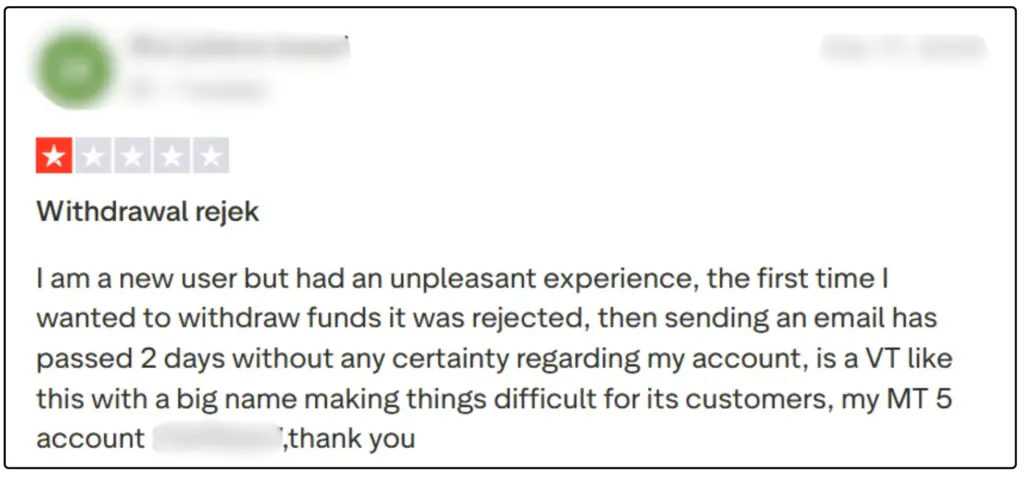 รีวิวโบรกเกอร์ VT Markets จาก Trustpilot คนที่2