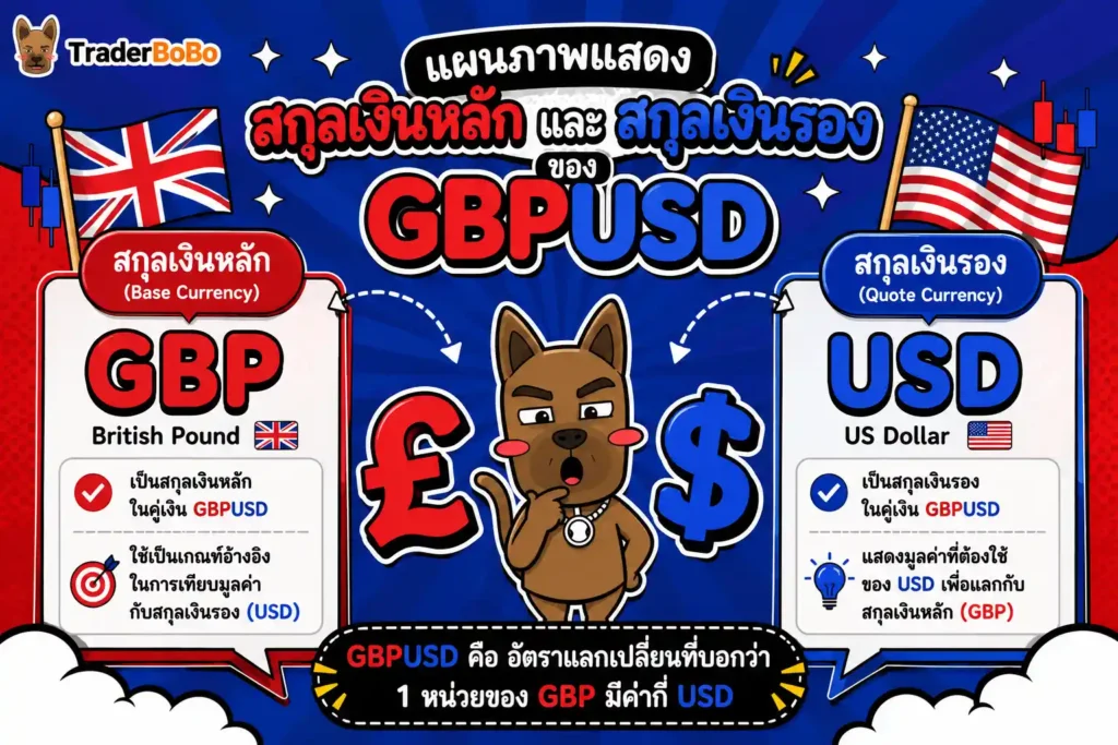 แผนภาพแสดงสกุลเงินหลักและสกุลเงินรองของ GBPUSD แผนภาพแสดงสกุลเงินหลักและสกุลเงินรองของ GBPUSD