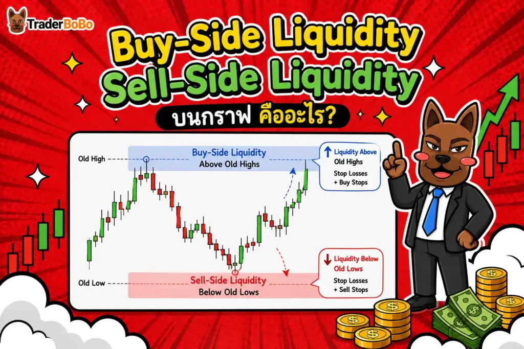Buy-Side Liquidity above old highs and Sell-Side Liquidity below old lows แผนภาพแสดงตำแหน่ง Buy-Side Liquidity และ Sell-Side Liquidity บนกราฟเทคนิค