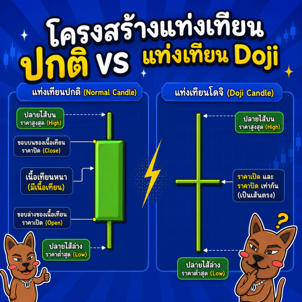 โครงสร้างและส่วนประกอบของแท่งเทียน Doji โครงสร้างและส่วนประกอบของแท่งเทียน Doji
