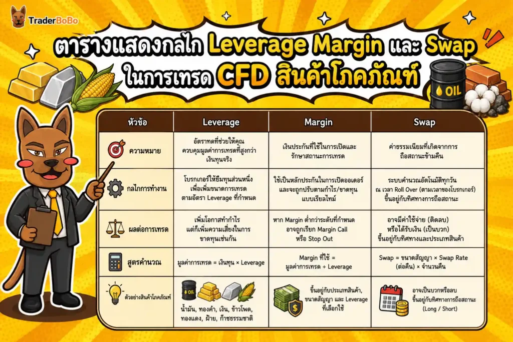 ตารางแสดงกลไก Leverage Margin และ Swap ในการเทรด CFD สินค้าโภคภัณฑ์ ตารางแสดงกลไก Leverage Margin และ Swap ในการเทรด CFD สินค้าโภคภัณฑ์