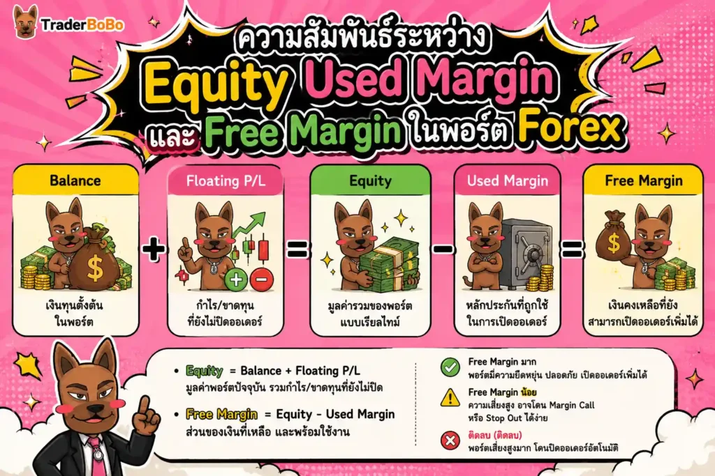 แผนภาพแสดงความสัมพันธ์ระหว่าง Equity Used Margin และ Free Margin ในพอร์ต Forex แผนภาพแสดงความสัมพันธ์ระหว่าง Equity Used Margin และ Free Margin ในพอร์ต Forex