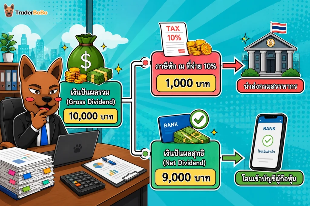 แผนภาพแสดงการหักภาษีเงินปันผล ณ ที่จ่าย 10% จากเงินปันผลรวม 10,000 บาท เหลือเงินปันผลสุทธิ 9,000 บาท โอนเข้าบัญชีผู้ถือหุ้น
