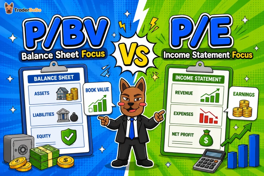 แผนภาพเปรียบเทียบการประเมินมูลค่าหุ้นด้วย P/BV และ P/E Ratio แผนภาพเปรียบเทียบการประเมินมูลค่าหุ้นด้วย P/BV และ P/E Ratio