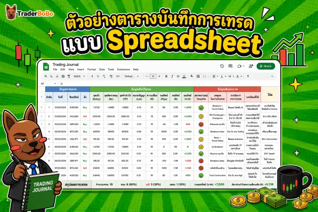 ตัวอย่างตารางบันทึกการเทรดแบบ Spreadsheet ตัวอย่างตารางบันทึกการเทรดแบบ Spreadsheet