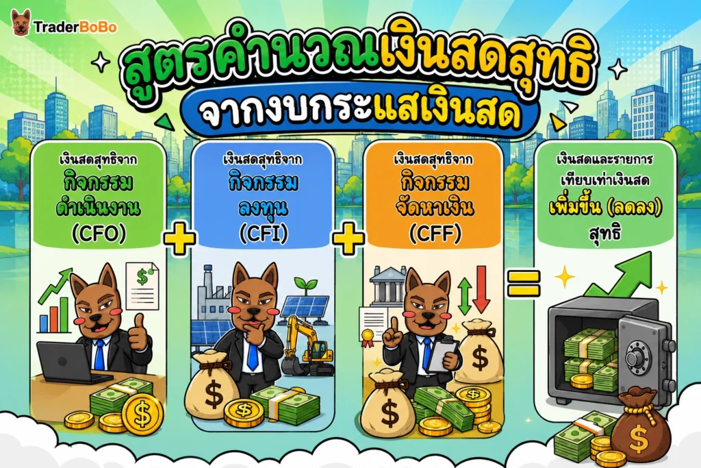 สูตรคำนวณเงินสดสุทธิจากงบกระแสเงินสด รวมกิจกรรมดำเนินงาน (CFO) กิจกรรมลงทุน (CFI) และกิจกรรมจัดหาเงิน (CFF) เพื่อหาเงินสดเพิ่มขึ้นหรือลดลงสุทธิ สูตรคำนวณเงินสดสุทธิจากงบกระแสเงินสด รวมกิจกรรมดำเนินงาน (CFO) กิจกรรมลงทุน (CFI) และกิจกรรมจัดหาเงิน (CFF) เพื่อหาเงินสดเพิ่มขึ้นหรือลดลงสุทธิ