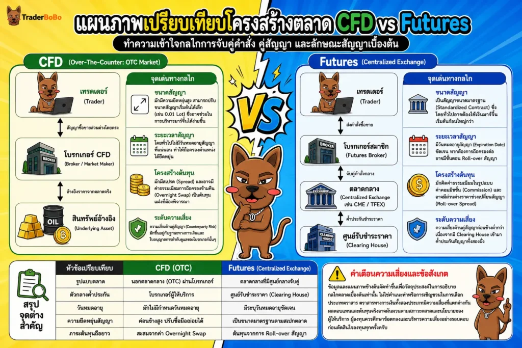 แผนภาพเปรียบเทียบโครงสร้างตลาด CFD และ Futures
