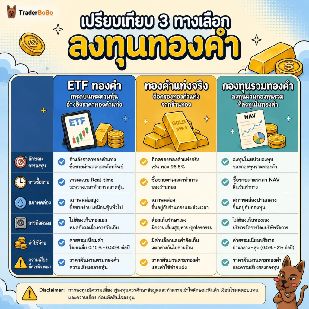 เปรียบเทียบ ETF ทองคำ vs ทองคำแท่งจริง vs กองทุนรวมทองคำทั่วไป เปรียบเทียบ ETF ทองคำ vs ทองคำแท่งจริง vs กองทุนรวมทองคำทั่วไป