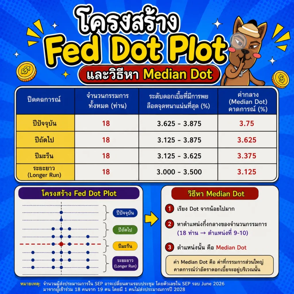 แผนภาพแสดงวิธีอ่าน Fed Dot Plot เพื่อหาค่า Median คาดการณ์ดอกเบี้ย