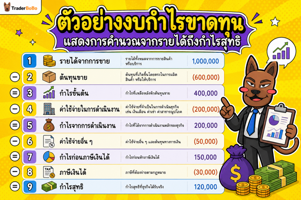 ตัวอย่างงบกำไรขาดทุนแสดงการคำนวณจากรายได้ถึงกำไรสุทธิ ตัวอย่างงบกำไรขาดทุนแสดงการคำนวณจากรายได้ถึงกำไรสุทธิ