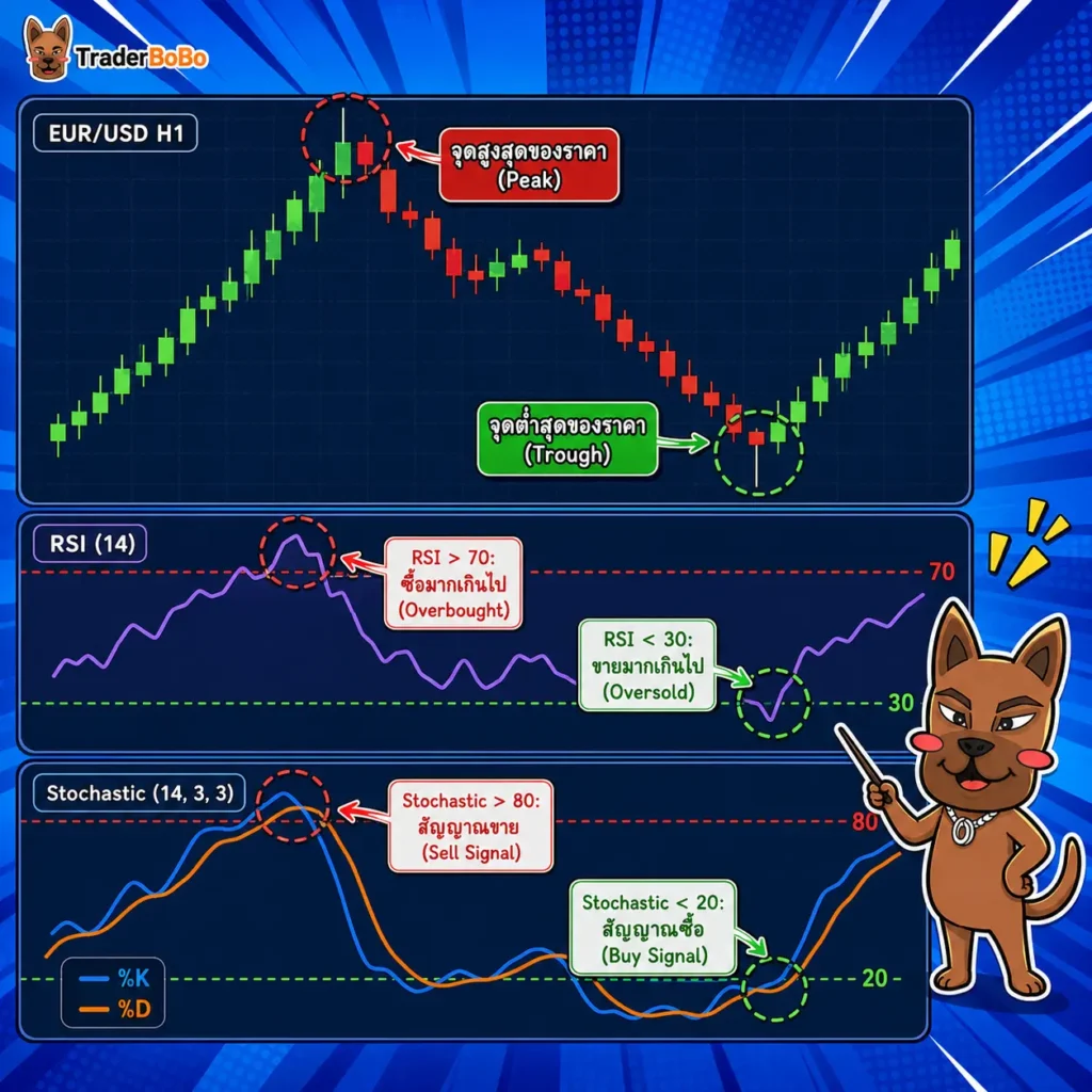 ตัวอย่างการเกิดสัญญาณ Leading Indicator บนกราฟ Forex ตัวอย่างการเกิดสัญญาณ Leading Indicator บนกราฟ Forex