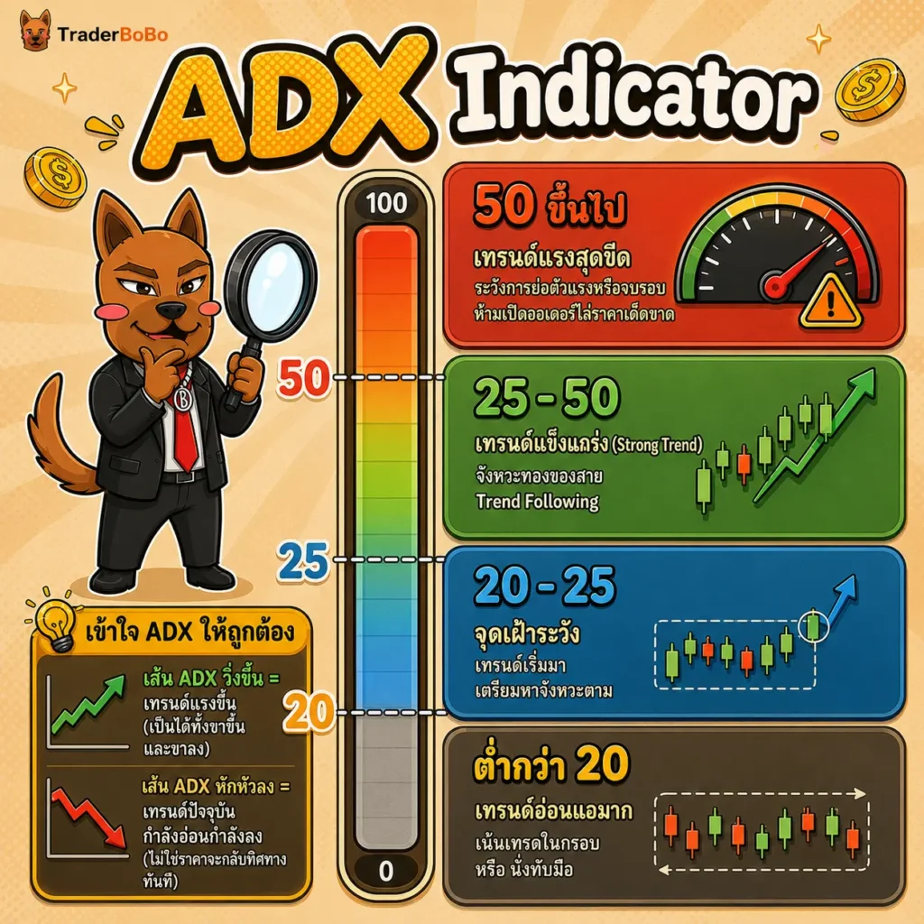 ระดับการวัดความแรงของเทรนด์ด้วยเส้น ADX Indicator ระดับการวัดความแรงของเทรนด์ด้วยเส้น ADX Indicator