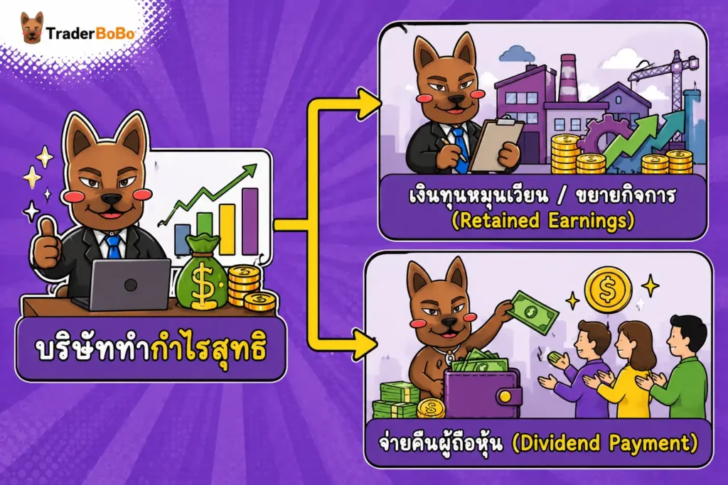 แผนภาพแสดงการจัดสรรกำไรสุทธิของบริษัทเงินปันผล คือ แบ่งเป็นเงินทุนหมุนเวียนสำหรับขยายกิจการ (Retained Earnings) และเงินปันผลที่จ่ายคืนผู้ถือหุ้น (Dividend Payment) แผนภาพแสดงการจัดสรรกำไรสุทธิของบริษัทเงินปันผล คือ แบ่งเป็นเงินทุนหมุนเวียนสำหรับขยายกิจการ (Retained Earnings) และเงินปันผลที่จ่ายคืนผู้ถือหุ้น (Dividend Payment)