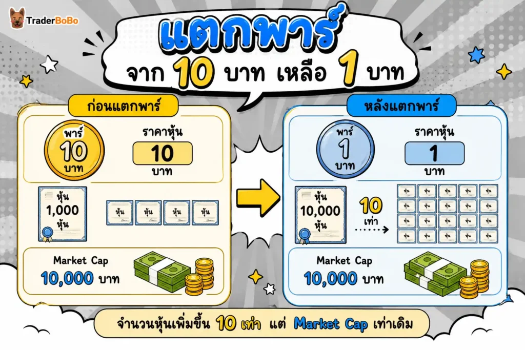 แผนภาพแสดงกลไกการแตกพาร์หุ้นและผลกระทบต่อ Market Cap แผนภาพแสดงกลไกการแตกพาร์หุ้นและผลกระทบต่อ Market Cap