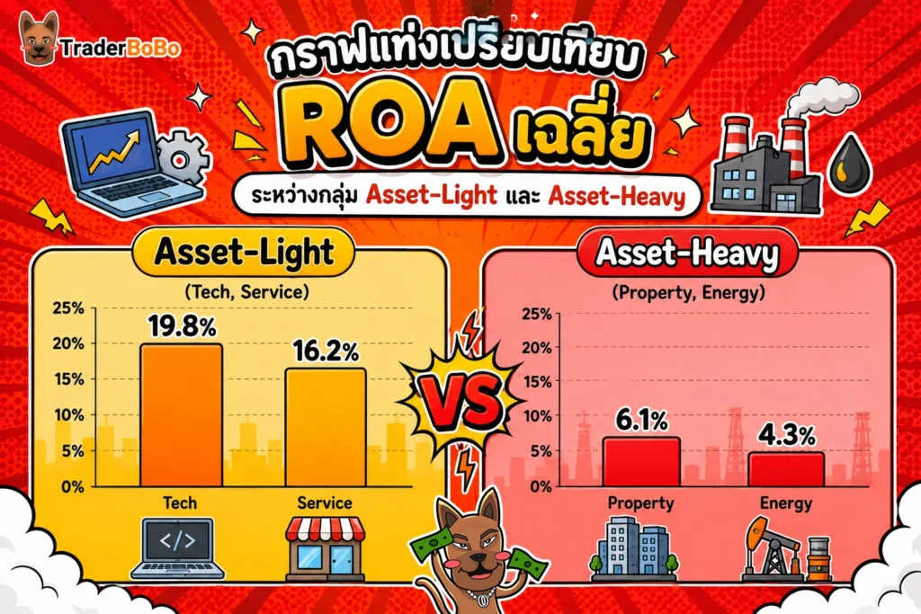 กราฟเปรียบเทียบค่าเฉลี่ย ROA ในแต่ละกลุ่มอุตสาหกรรม กราฟเปรียบเทียบค่าเฉลี่ย ROA ในแต่ละกลุ่มอุตสาหกรรม