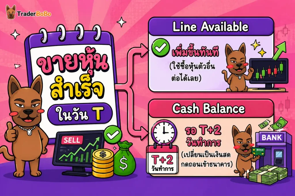 แผนภาพสรุปกระบวนการขายหุ้น เงินเข้า cash balance ตามรอบ T+2 ของตลาดหลักทรัพย์แห่งประเทศไทย