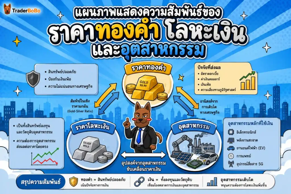 แผนภาพแสดงความสัมพันธ์ของราคาทองคำำ โลหะเงิน และอุตสาหกรรม