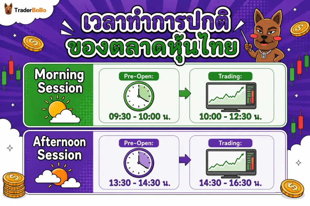 เวลาเปิดปิดตลาดหุ้นไทยช่วงเช้าและบ่าย