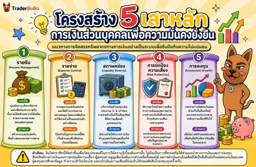 5 เสาหลักการเงินส่วนบุคคล ได้แก่ รายรับ รายจ่าย สภาพคล่อง ประกัน และการลงทุน 5 เสาหลักการเงินส่วนบุคคล ได้แก่ รายรับ รายจ่าย สภาพคล่อง ประกัน และการลงทุน