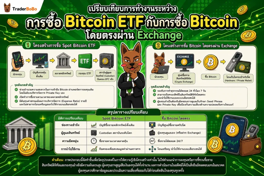 แผนภาพเปรียบเทียบการทำงานระหว่างการซื้อ Bitcoin ETF กับการซื้อ Bitcoin โดยตรงผ่าน Exchange