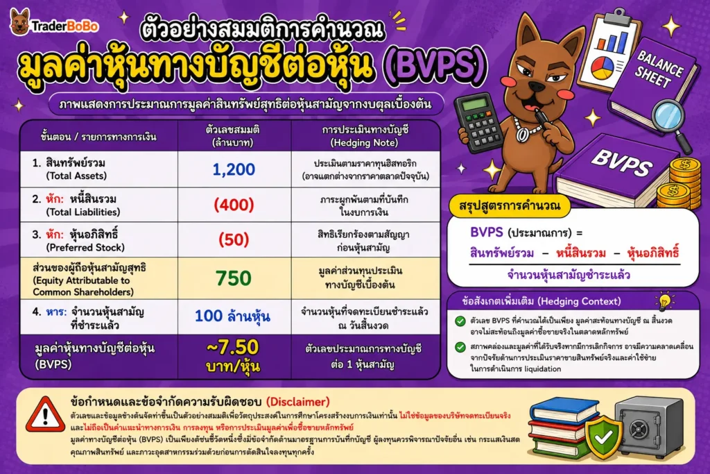 ตัวอย่างการคำนวณ BVPS จากงบดุลของบริษัทสมมติ ตัวอย่างการคำนวณ BVPS จากงบดุลของบริษัทสมมติ