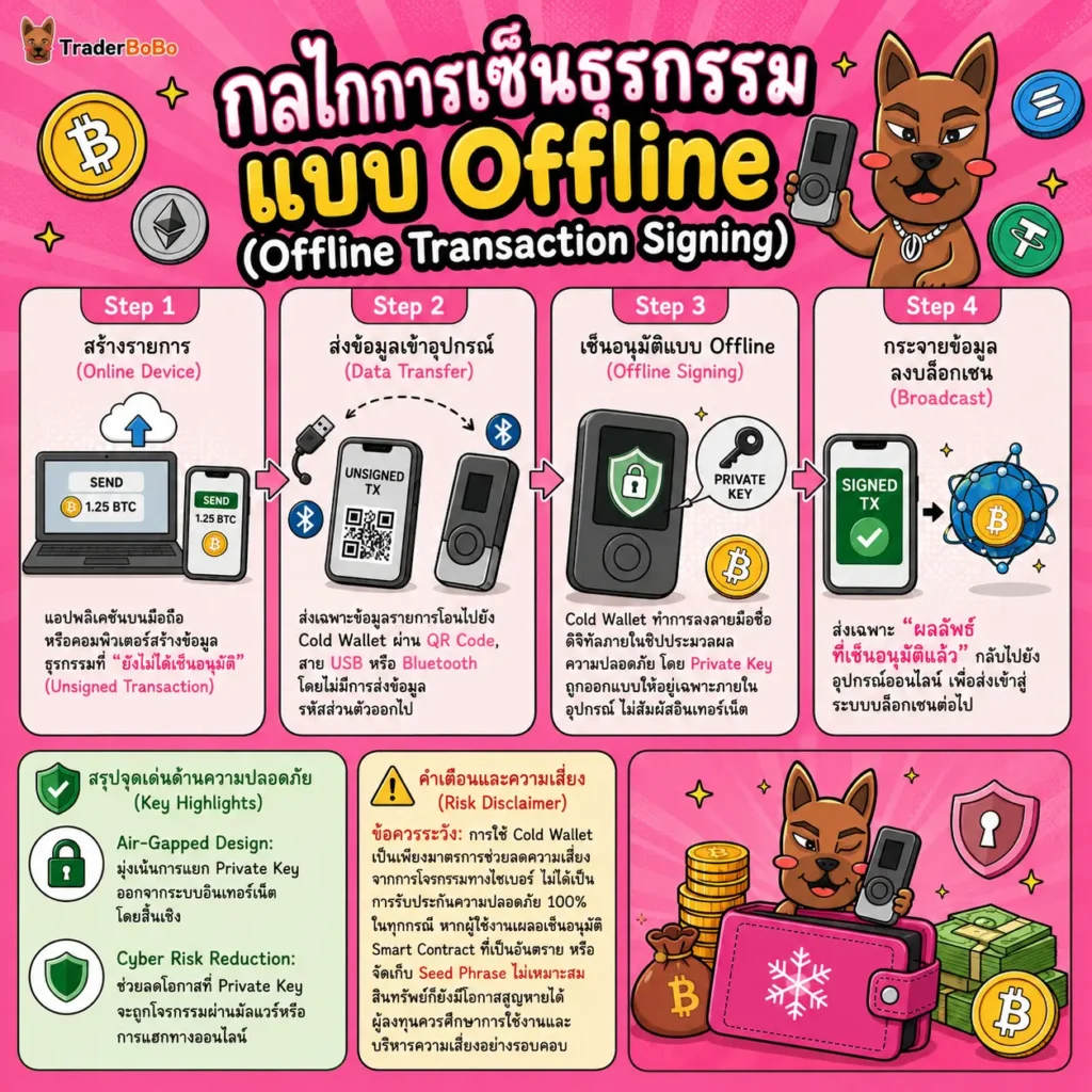 การทำงานของ Cold Wallet กับบล็อกเชนในการเซ็นอนุมัติธุรกรรมแบบ offline การทำงานของ Cold Wallet กับบล็อกเชนในการเซ็นอนุมัติธุรกรรมแบบ offline