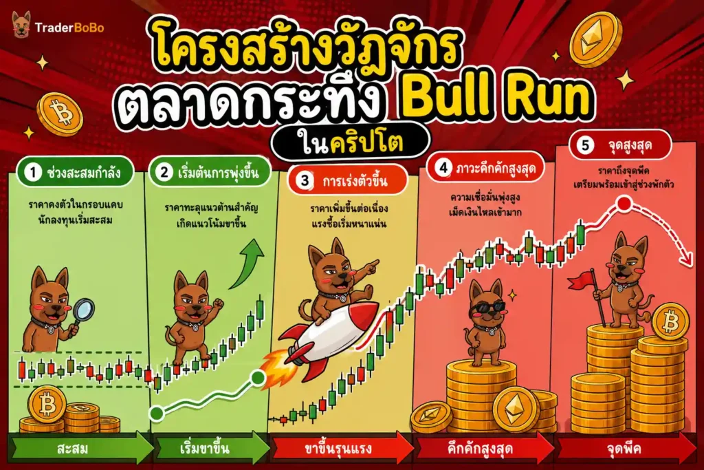 แผนภูมิแสดงโครงสร้างวัฏจักรตลาดกระทิง Bull Run ในคริปโต แผนภูมิแสดงโครงสร้างวัฏจักรตลาดกระทิง Bull Run ในคริปโต