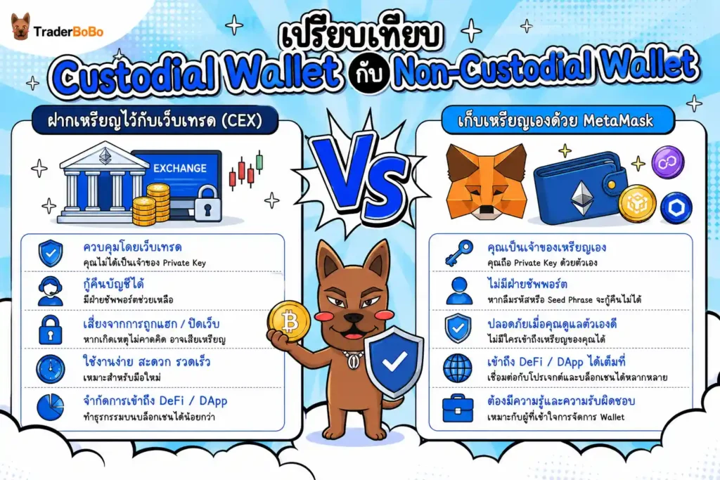 แผนภาพเปรียบเทียบ Custodial Wallet บนเว็บเทรด กับ Non-Custodial Wallet MetaMask แผนภาพเปรียบเทียบ Custodial Wallet บนเว็บเทรด กับ Non-Custodial Wallet MetaMask