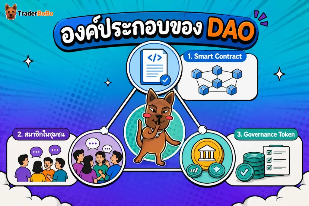 องค์ประกอบของ DAO ประกอบด้วย Smart Contract สมาชิก และ Governance Token องค์ประกอบของ DAO ประกอบด้วย Smart Contract สมาชิก และ Governance Token