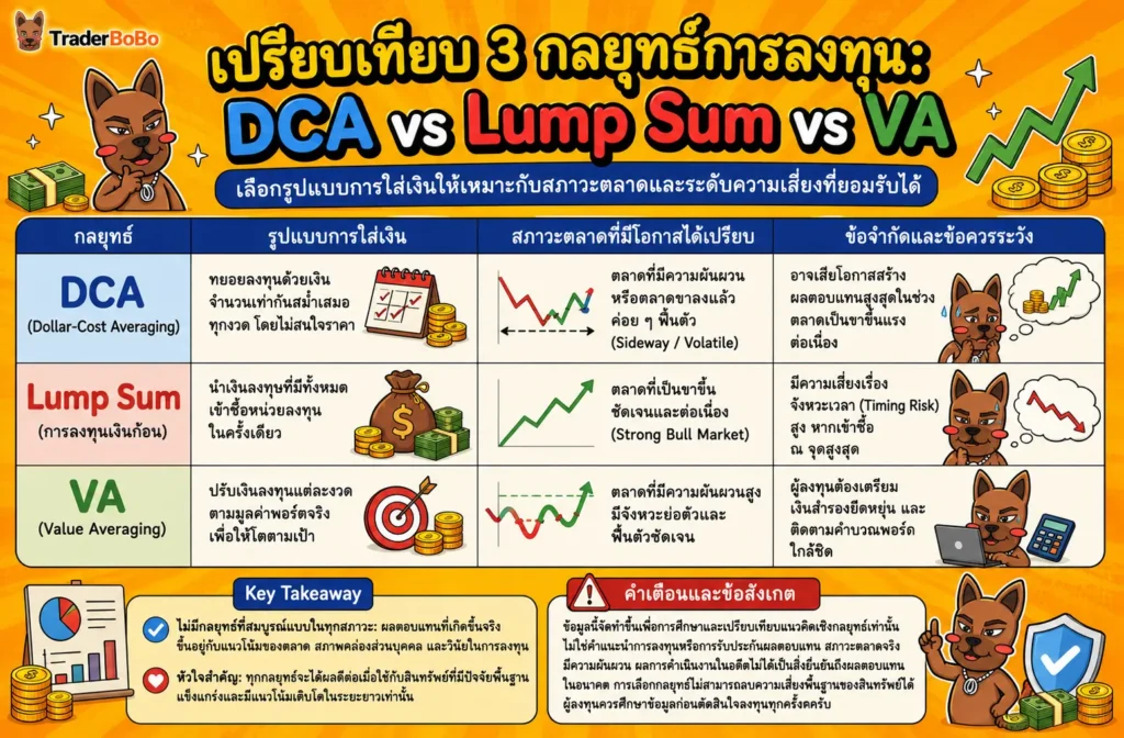 เปรียบเทียบกลยุทธ์การลงทุน DCA vs Lump Sum vs Value Averaging (VA) เปรียบเทียบกลยุทธ์การลงทุน DCA vs Lump Sum vs Value Averaging (VA)