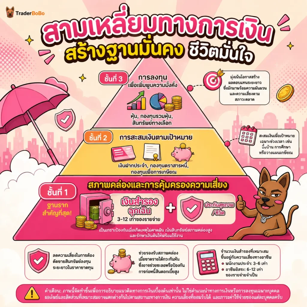 โครงสร้างสามเหลี่ยมทางการเงินที่แสดงเงินสำรองฉุกเฉินเป็นฐานราก