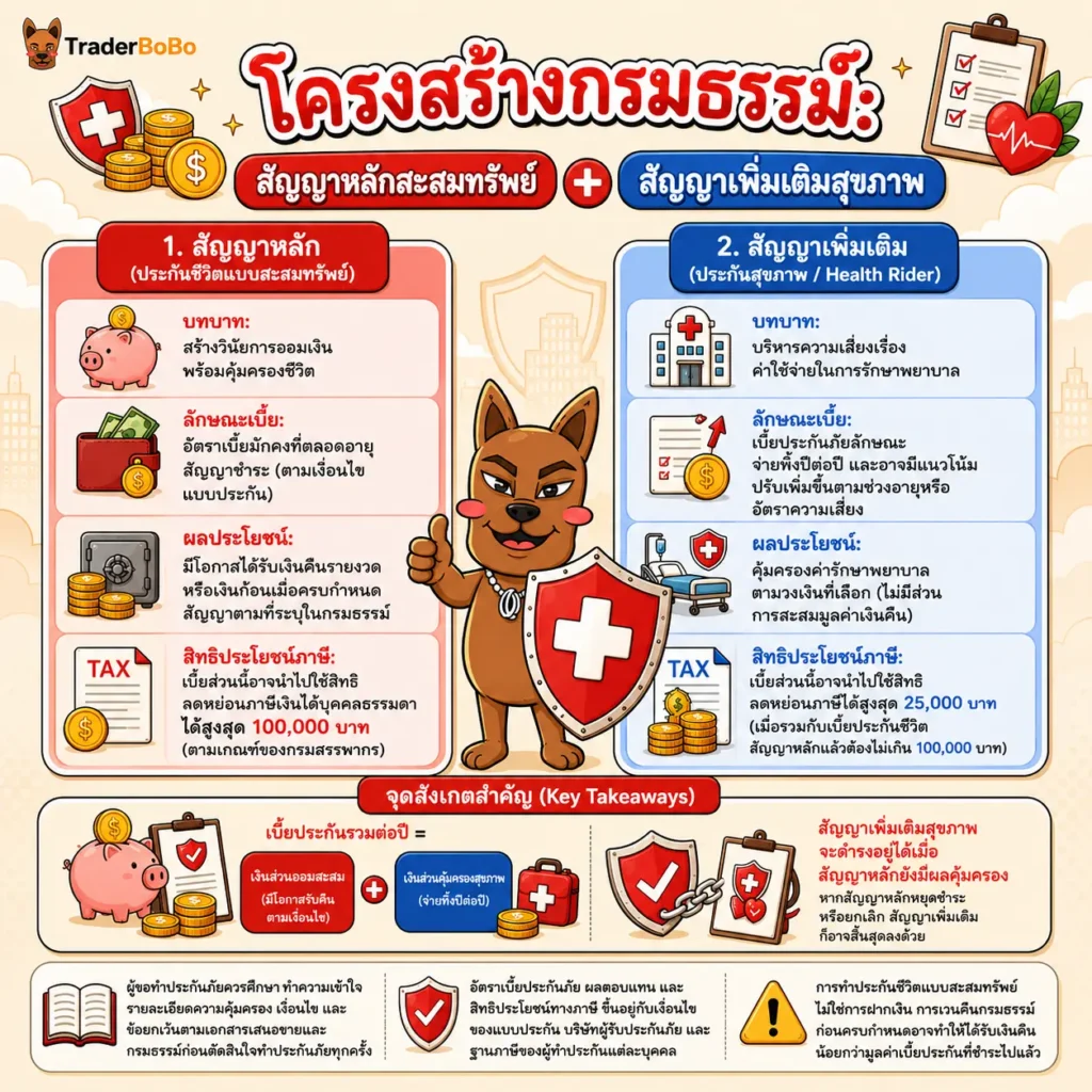 โครงสร้างสัญญาหลักสะสมทรัพย์และสัญญาเพิ่มเติมประกันสุขภาพ