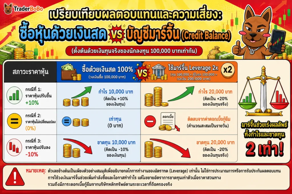ตารางเปรียบเทียบผลตอบแทนและความเสี่ยงระหว่างการซื้อหุ้นด้วยเงินสดกับการใช้มาร์จิ้น หุ้น คือ ตารางเปรียบเทียบผลตอบแทนและความเสี่ยงระหว่างการซื้อหุ้นด้วยเงินสดกับการใช้มาร์จิ้น หุ้น คือ