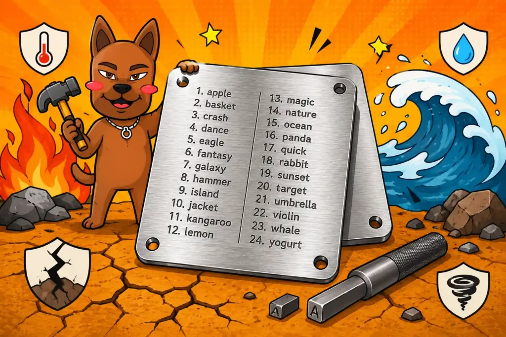 ตัวอย่างการจัดเก็บ Seed Phrase บนแผ่นโลหะ Stainless Steel แบบปั๊มตัวอักษร ตัวอย่างการจัดเก็บ Seed Phrase บนแผ่นโลหะ Stainless Steel แบบปั๊มตัวอักษร