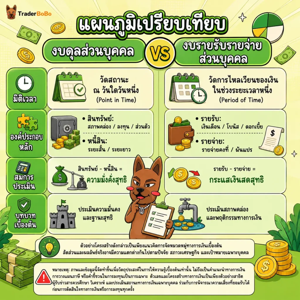 เปรียบเทียบงบดุลส่วนบุคคลและงบรายรับรายจ่ายส่วนบุคคล เปรียบเทียบงบดุลส่วนบุคคลและงบรายรับรายจ่ายส่วนบุคคล