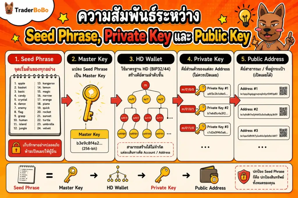 แผนภาพแสดงความสัมพันธ์ระหว่าง Seed Phrase, Private Key และ Public Key แผนภาพแสดงความสัมพันธ์ระหว่าง Seed Phrase, Private Key และ Public Key