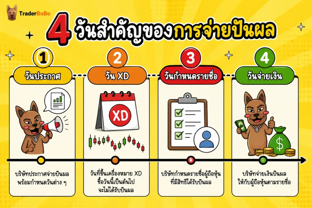 ลำดับวันสำคัญการจ่ายปันผลหุ้น Announcement XD Record Payment Date