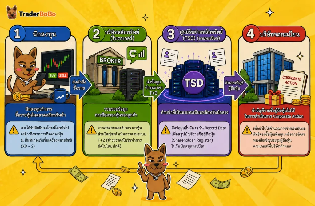 โครงสร้างการทำงานของนายทะเบียนหลักทรัพย์ TSD ในวันปิดสมุดทะเบียน โครงสร้างการทำงานของนายทะเบียนหลักทรัพย์ TSD ในวันปิดสมุดทะเบียน