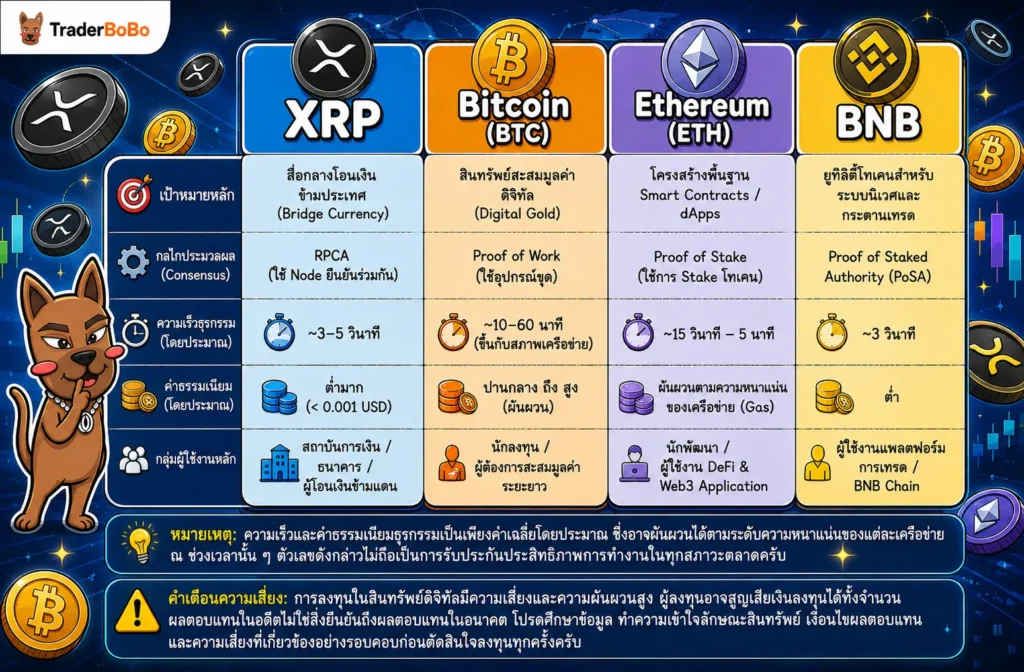 เปรียบเทียบความแตกต่างระหว่าง XRP Bitcoin Ethereum และ BNB เปรียบเทียบความแตกต่างระหว่าง XRP Bitcoin Ethereum และ BNB