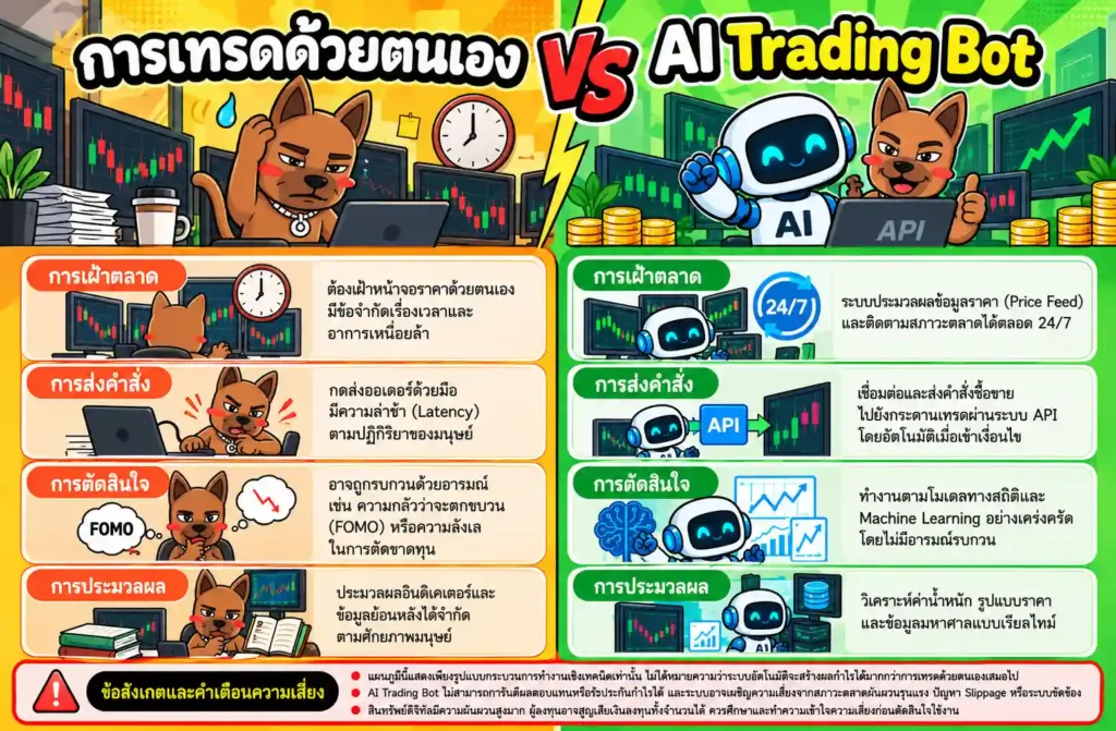 แผนภูมิเปรียบเทียบการทำงานระหว่าง AI Trading Bot และการส่งคำสั่งด้วยตนเอง แผนภูมิเปรียบเทียบการทำงานระหว่าง AI Trading Bot และการส่งคำสั่งด้วยตนเอง