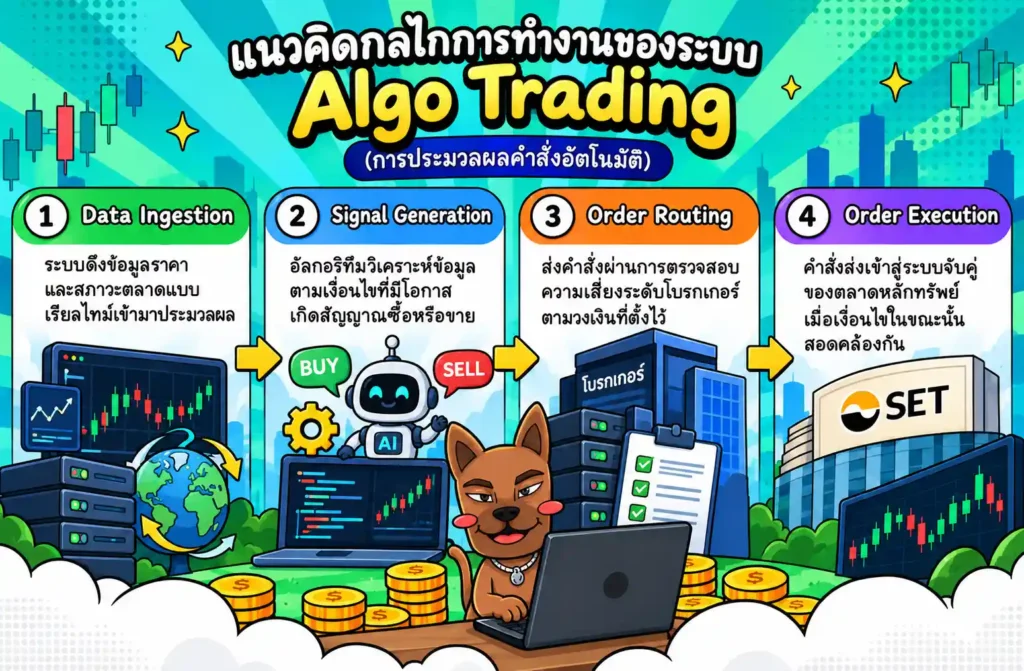 แผนภูมิแสดงกลไกการทำงานของระบบ Algo Trading ในการส่งคำสั่งเข้าสู่ตลาดหุ้น แผนภูมิแสดงกลไกการทำงานของระบบ Algo Trading ในการส่งคำสั่งเข้าสู่ตลาดหุ้น
