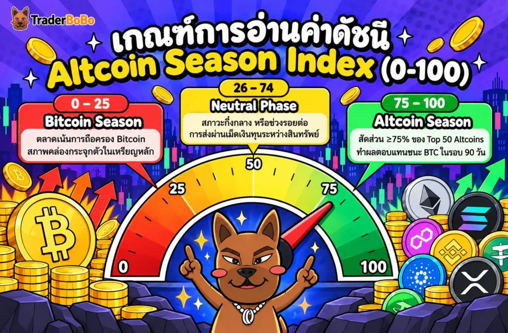 การแบ่งระดับคะแนน 0-100 ของ Altcoin Season Index การแบ่งระดับคะแนน 0-100 ของ Altcoin Season Index