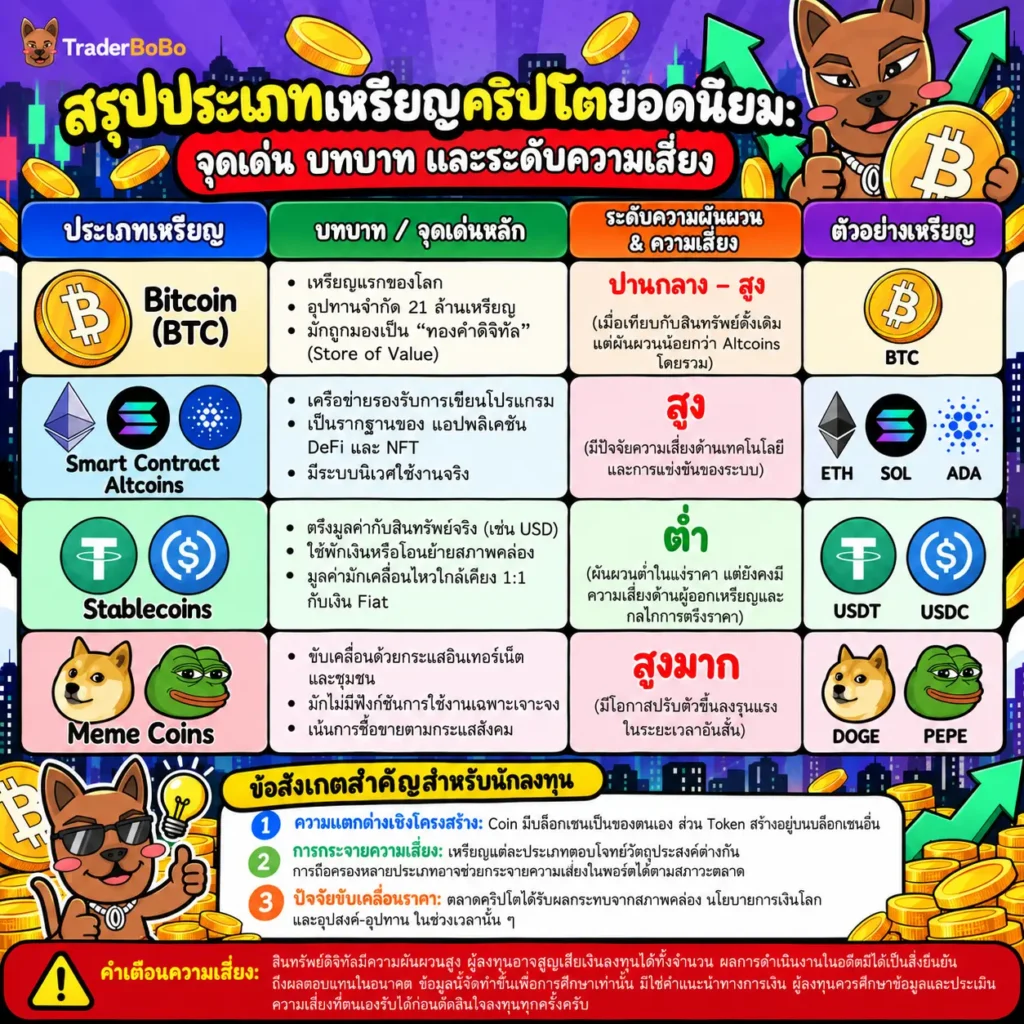 ตารางเปรียบเทียบประเภทเหรียญคริปโต Bitcoin Altcoin และ Stablecoin ตารางเปรียบเทียบประเภทเหรียญคริปโต Bitcoin Altcoin และ Stablecoin