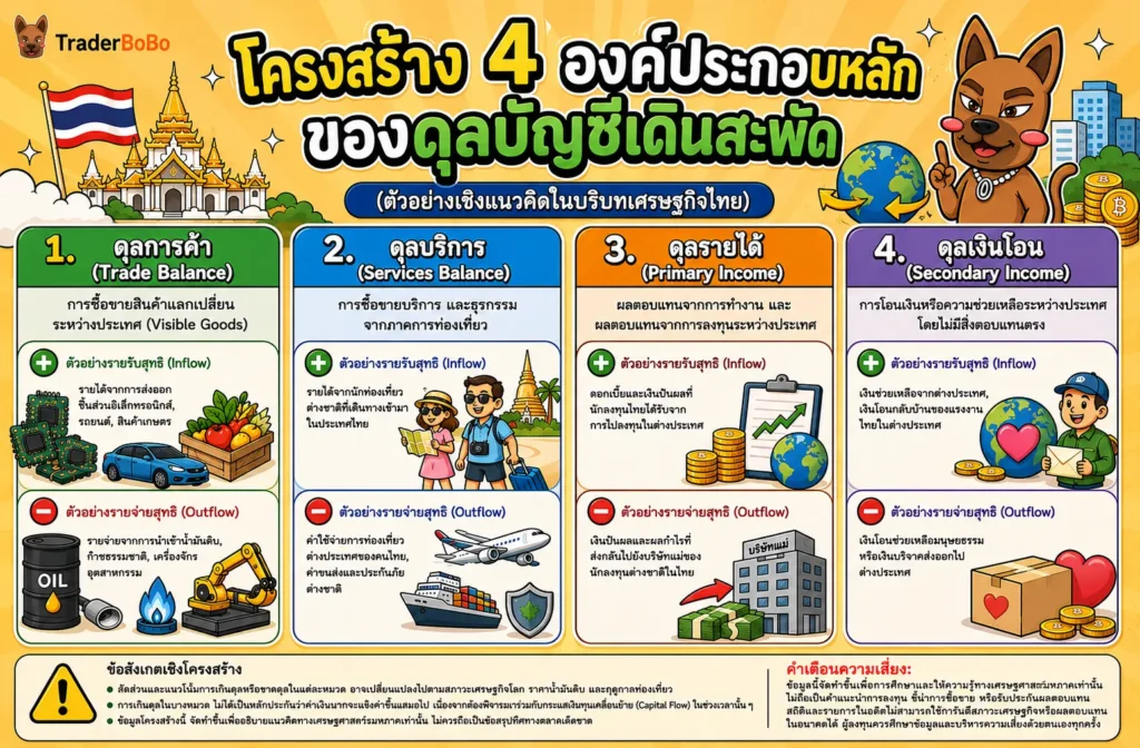 ตารางสรุป 4 องค์ประกอบหลักของดุลบัญชีเดินสะพัดในประเทศไทย ตารางสรุป 4 องค์ประกอบหลักของดุลบัญชีเดินสะพัดในประเทศไทย