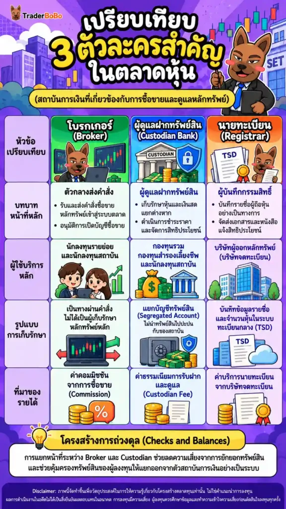 เปรียบเทียบหน้าที่ระหว่าง Broker Custodian และ Registrar ในตลาดหุ้น