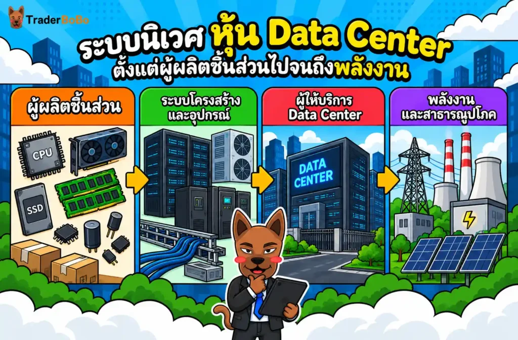 อินโฟกราฟิกระบบนิเวศ หุ้น data center ตั้งแต่ผู้ผลิตชิ้นส่วนไปจนถึงพลังงาน อินโฟกราฟิกระบบนิเวศ หุ้น data center ตั้งแต่ผู้ผลิตชิ้นส่วนไปจนถึงพลังงาน