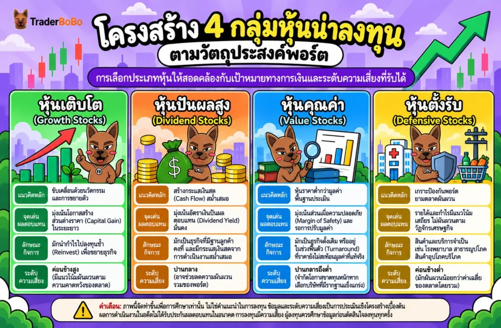 ประเภทหุ้นน่าลงทุน 4 กลุ่ม ได้แก่ Growth Stocks, Dividend Stocks, Value Stocks และ Defensive Stocks ประเภทหุ้นน่าลงทุน 4 กลุ่ม ได้แก่ Growth Stocks, Dividend Stocks, Value Stocks และ Defensive Stocks