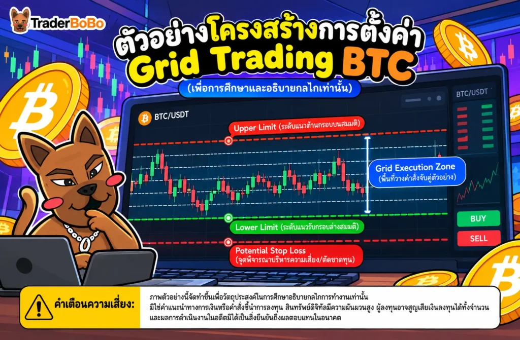 ภาพแสดงตัวอย่างการตั้งค่า Upper Limit Lower Limit และ Stop Loss สำหรับ Grid Trading BTC ภาพแสดงตัวอย่างการตั้งค่า Upper Limit Lower Limit และ Stop Loss สำหรับ Grid Trading BTC