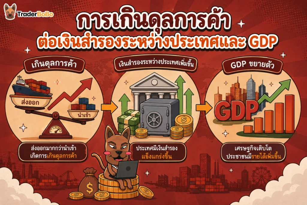 ภาพอธิบายความสำคัญของการเกินดุลการค้าต่อเงินสำรองระหว่างประเทศและ GDP
