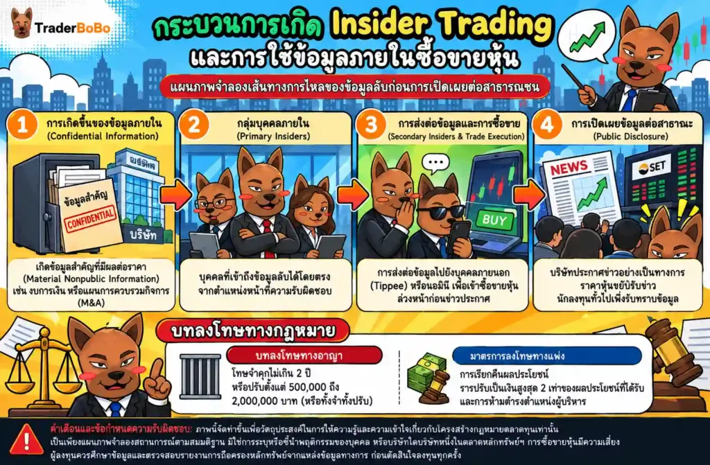 แผนภาพแสดงกระบวนการเกิด Insider Trading จากข้อมูลภายในสู่การซื้อขาย